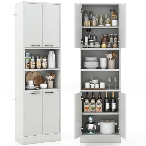 COSTWAY Buffet Cuisine Haut 190 cm, Meuble Rangement, 2 Placard, 2 Doubles Portes, 6 Etagères, Kits Anti-Basculement, Vaisselier, Armoire pour Salle de Bain (Blanc Chêne)