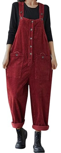 Corduroy Overalls for Women Adjustable Straps Bib Corduroy Jumpsuit Romper Harem Pants Loose Fit Casual Baggy Solid Corduroy Bib Dungarees Overall Cord Jumpsuits Sleeveless Wide Leg Trousers