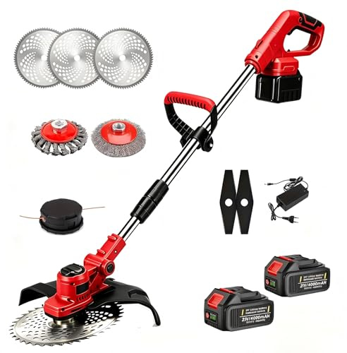 Rasentrimmer mit Akku, Akku Rasentrimmer 21V mit Unkrautbürste, 2X4.0Ah Akku Freischneider, Tap&Go M10, für Garden Trimmen (Rot)