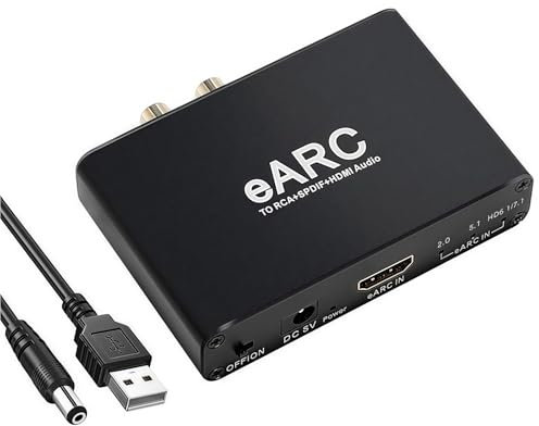 Rensaday Convertisseur HDMI eARC/ARC vers Optique/RCA/Casque 3.5mm – Sortie Audio 5.1/7.1 Canaux 24-bit/192 kHz – Compatible TV, Sonos, Ampli Home Cinéma