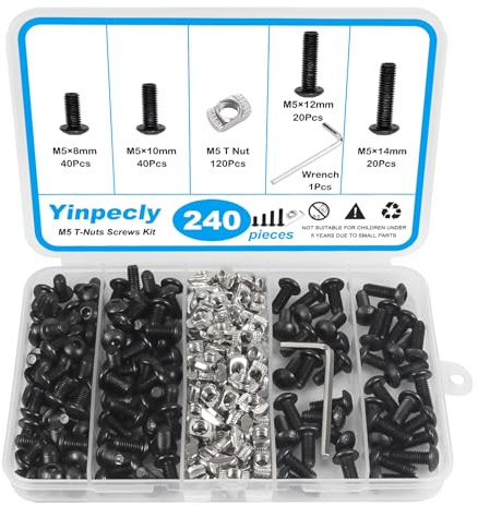 Yinpecly 240Pcs 2020 Aluminum Extrusion Hardware Accessories, M5 T-Nuts Screws Kit, Hammer Head T-Slot Nut for 2020 Series European Standard Aluminum Profile, Black