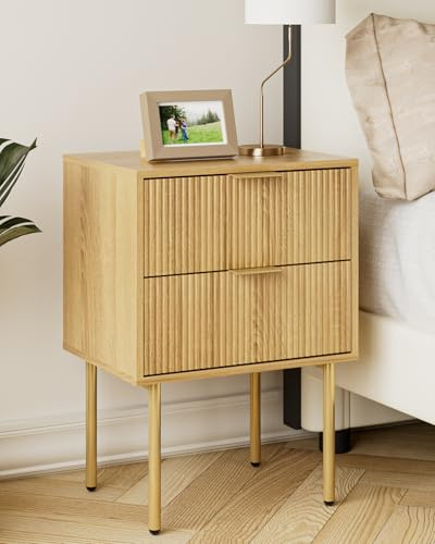 HEYZOEY Nachttisch, Nachtschrank mit 2 Schubladen, Modern Nachtkästchen, Boho Nachtkommode für Schlafzimmer, Wohnzimmer, Eiche