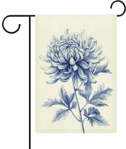 Blaue Chrysanthemen-Blumen-Gartenflagge, saisonale Feiertage, Jute, doppelseitig, Haus, Hof, Außenflaggen, 30,5 x 45,7 cm
