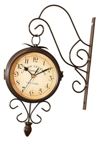 Milageto Doppelseitige Bahnhofsuhr, Vintage-Wanduhr mit Halterung, wasserdichte Gartenuhr für den Außenbereich, Retro-Eisenbahnhofsuhr, 22 cm, große Hängeluhr für den Innen- und Außenbereich, Stil d