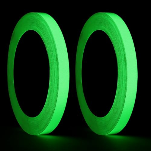 AYBUY Cinta Luminosa Autoadhesiva, 2 Rollo 1cm x 15m Etiqueta de Seguridad Fluorescente Verde, extraíble, portátil, cinta de marcado luminiscente impermeable para Paredes, Escalones,Señales de Salida