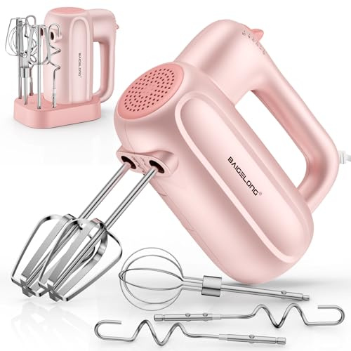 BAIGELONG 5-Speed Handheld Electric Mixer, with 5 Stainless Steel Attachments, Portable Food Blender for Baking, Whipping Cream, Cake Mixing, Pink
