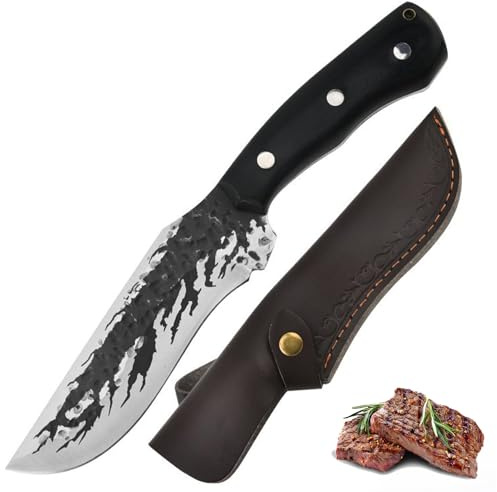 Fubinaty Chef Knife Japanese Style 5 Inch Handmade Forged Kitchen Knives Full Tang High Carbon Steel Home and Outdoor Cooking Knife with Leather Sheath and Wooden Handle