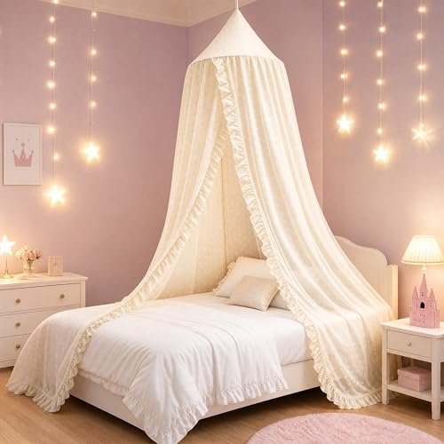 ZIQINPSQ Betthimmel für Mädchen und Kinder mit Pompon, Spitzen-Baldachin, Chiffon, Betthimmel, Bettvorhänge, Rüschen, Prinzessinnen-Leseecke für Mädchenzimmer-Dekoration (Beige)