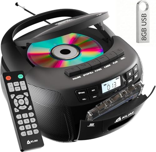 KLIM CD Cassette Player with USB, Bluetooth Boombox, AM/FM Radio, Stereo Sound, Remote, CD and Cassette Combo, Tape Recording, USB Drive, AUX, AC/DC Powered