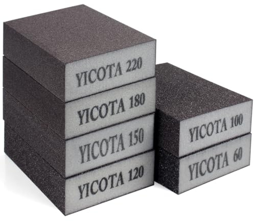 6 Pieces Sanding Blocks Sanding Sponges with 6 Grits (60,100,120,150,180,220) Coarse/Medium/Fine/Superfine Wet and Dry Dual-use Abrasive Pads Washable and Reusable sandpaper for Wood Walls Metal