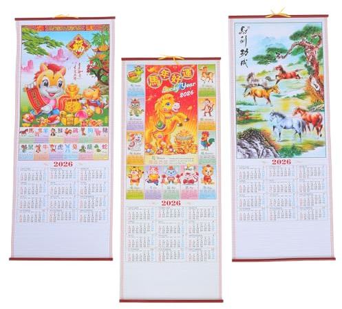 OSALADI Calendrier Mural Chinois 2026 à Rouleau Suspendu Imitation Rotin 3 Pièces – Calendrier Mensuel Déchirable du Nouvel An Lunaire, Décoration Murale Traditionnelle pour