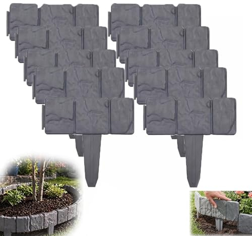 Recinzione da giardino in finta pietra, bordura per prato effetto pietra per aiuole, bordura decorativa per prato senza scavi, recinzione effetto pietra resistente alle intemperie (Grigio,20pcs)