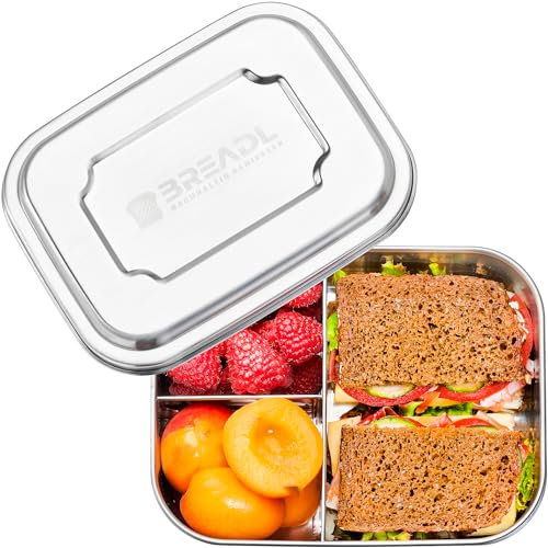 BREADL Edelstahl Brotdose, Feste Trennwand und 3 Fächer, Silikonfrei, Rostfrei, Spülmaschinenfest, Kleine 1000ml Lunchbox und Brotzeitbox aus lebensmittelechtem Metall für Kinder und Erwachsene