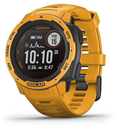 Garmin Instinct Solar, Reloj inteligente con GPS resistente al agua, Función de carga solar, Funciones deportivas, pulsioximetría y notificaciones del smartphone, Color Amarillo Ocre