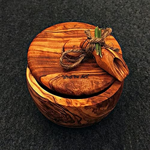 What the Art!® Olive Wood Sweety | Azucarero de madera de olivo + espátula + regalo | Ø 10 cm ↑ 7 cm | con tapa – Azucarero – Bote para especias – Salero