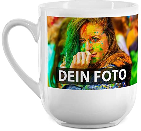 Elegante Fototasse selbst gestalten - mit Foto & Text personalisieren - Edle Tasse mit abgerundetem Boden - Keramik Weiß, 250ml