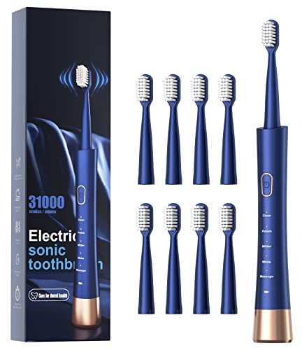 IPX7 Waterproof Sonicare Electric Toothbrush, 2-Hour Fast Charge with Intelligent Time Reminder, 5 Modes, 8 Brush Heads, Travel, Indoor, Outdoor, Blue