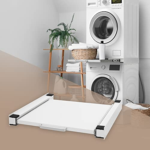 ML-Design Cadre de Liaison Intermédiaire avec Plateau Coulissant en Acier, 60x60cm, Blanc, Kit de Superposition pour Lave-Linge et Sèche-Linge, Étagère Extensible Rangement Ménager Installation Stable