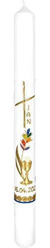 Wiedemann Kerzen Kommunionskerze Ähre bunt, Kreuz, Kelch Gold 400 x Ø 35 mm mit individueller Namensverzierung aus Wachsbuchstaben