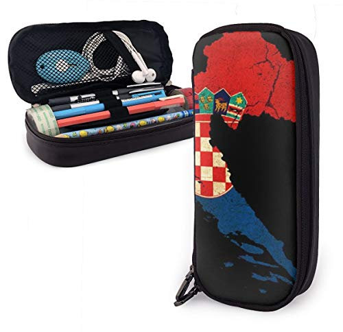 Pu Leder Federmäppchen Kroatien-Karte-Umriss-Flagge Aufbewahrung Bleistift Tasche Multifunktions Federmappe Tragbare Große Kapazität Federmäppchen Für Jungen Schule Teenager