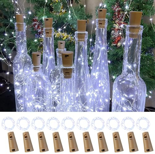 LEECOCO Led flaschenlicht,10 Stück 2m 20led Flaschenlichterkette korken， Fee lichterkette flaschenkorken für Weihnachten,Party, Hochzeit (10 Stück Kaltweiß)