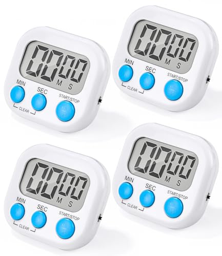 Küchentimer, 4 Stück, digital, weiß, mit Magnet und Ständer, lauter Alarm und Zählung zum Kochen, Backen, Studio und körperliches Training