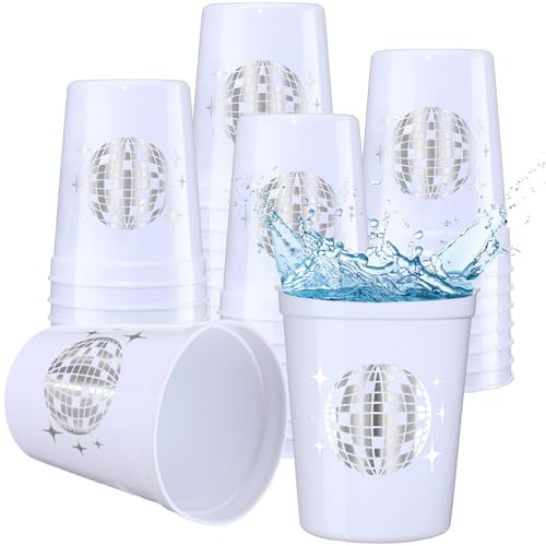 Uiifan 30 Pcs 16 oz Disco Cups Plastic Bachelorette Cups Reusable Disco Ball Drink Cups for Cowgirl Bride Bridal Shower 70s 80s 90s Party Supplies (White)