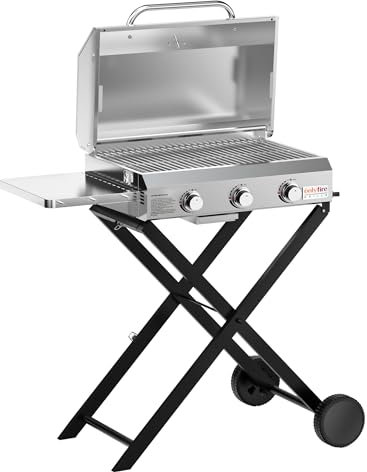 Onlyfire 3 Brenner Gas Grillwagen | BBQ Gasgrill mit Grillrost | 7Kw | Grillfläche 56,5×34cm | mit Seitentischen, Faltbarem Rollwagen, Rollen, Thermometer | für Outdoor Camping Balkon Garten