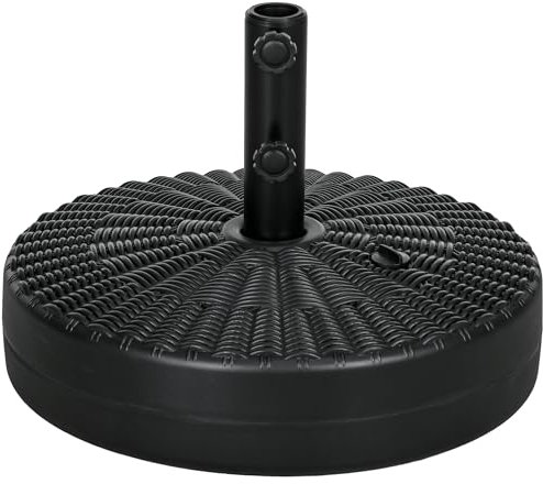 Outsunny Garden Parasol Base with Rattan Effect, 22kg Water or 29kg Sand Filled, Heavy Duty HDPE Umbrella Stand, Fillable Parasol Stand for 38mm, 48mm Poles, Black