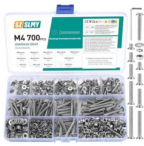 700 Pz M4 Set Viti Bulloni e Dadi a Testa Esagonale Con Rondelle - Viti a Testa Piatta e Svasata Esagono Incassato, Cilindrica