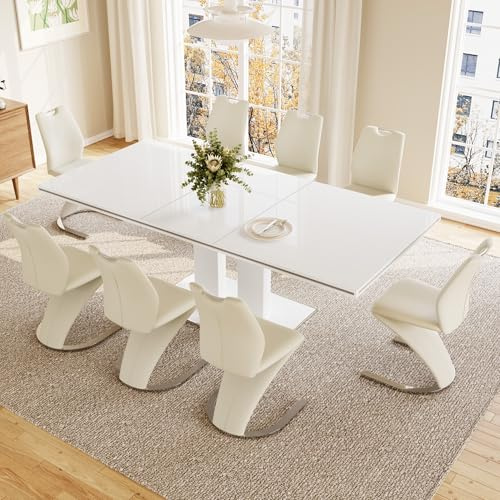 JIEXI Tisch Ausziehbar Esstisch und Stühle Set, 6 Stühle Mermaid Design PU-Leder und 160-200cm Moderner Küchentisch Set für Haus, Küche, Wohnzimmer, Esszimmer (1Esstisch + 6 Stühle weiß)