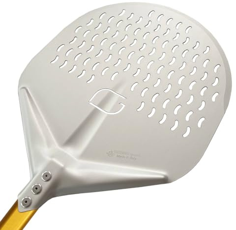 GIEMME Pala para pizza perforada de aluminio, profesional, anodizada, forma redonda, plato perforado (Pala: ø 33 cm, Longitud del mango: 150 cm)