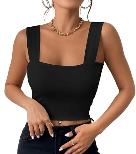 Haibang Camiseta sin Mangas Mujer Verano Sexy Crop Top Ajustado Cuello Cuadrado Camisetas Tirantes Elegantes Tank Tops Básica Chalecos Top Lencero Doble Forro Moda Casual Streetwear