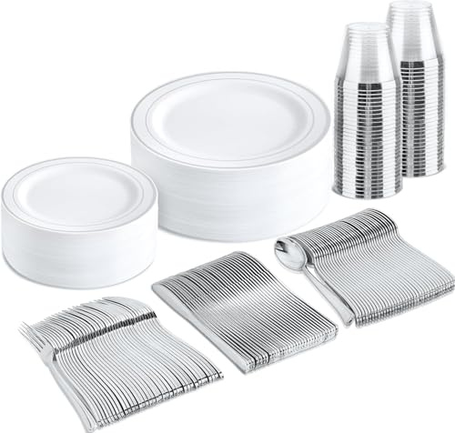 bUCLA 150-Piece Silver Disposable Dinnerware Set - White Plastic Plates with Silver Rim - Include 25 Dinner Plates, 25 Dessert Plates, 25 Forks, 25 Knives, 25 Spoons & 25 Cups for Party & Christmas
