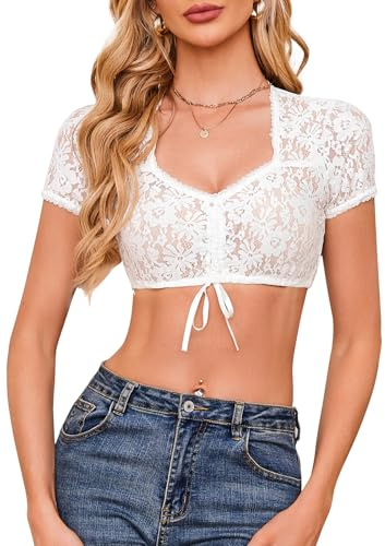 IIBOOYYE Women's Germen Bavarian Traditional Costume Blouse Oktoberfest Dirndl Lace Crop Top XXL White
