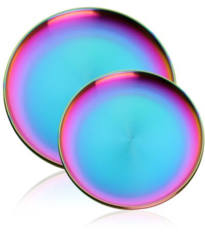 Buyer Star Stainless Steel Plate, Stainless Steel Round Dinner Plates, Metal Serving Plate, Dessert Plate, Dinner Dishes Plates Set for Camping Outdoor, Barbecue, Non-Toxin (Rainbow, 23+30cm)