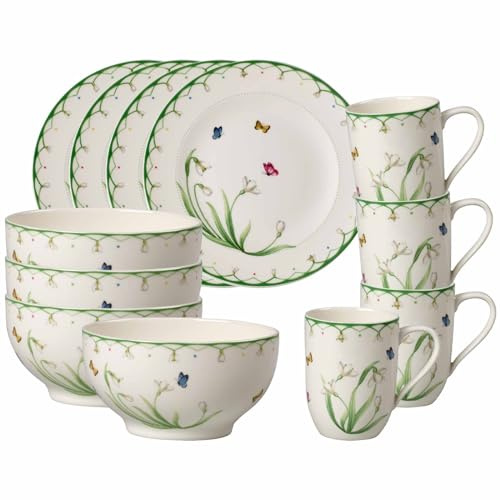 Villeroy & Boch Colourful Spring Ensemble de petit-déjeuner 12 pièces | Tasse à café (340 ml), bols à céréales (750 ml) et assiettes à petit-déjeuner (21,5 cm) pour 4 personnes, porcelaine de qualité