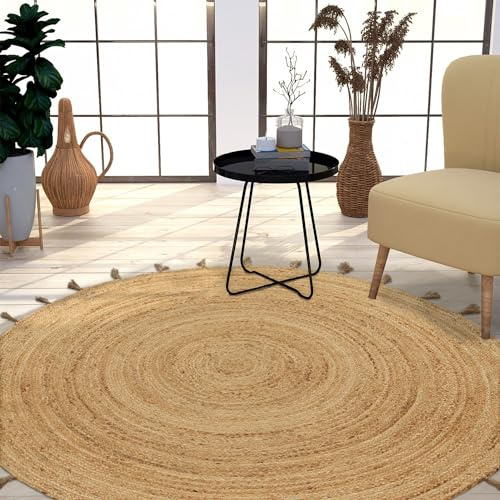 TT Home Vardagsrumsmatta Naturfiber Boho Design Ethno Handgjord, Färg:Mörkbeige Grädde Sand, Storlek:200 cm Runda