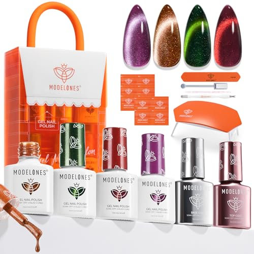 Modelones Gel Nail Kit with UV Lamp, 4 Colors Gel Nail Polish Kit Mini Salon, Base &Top Coat and Stickers,Red Burgundy Green Orange Glitter Gel Polish Set DIY Home Nail Art Manicure Set for Women