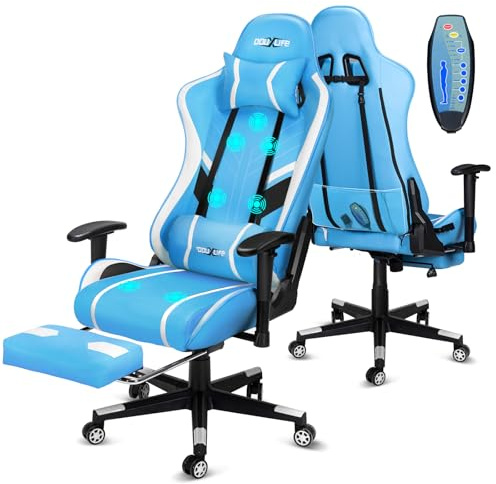 Douxlife Gaming Stuhl Ergonomischer Bürostuhl mit 7 Punkt Massage | Verstellbarer PC Gamer Stuhl mit 7-Punkt Massage, 90-175° Rückenlehne, 2D Armlehne, bis 180kg, Blau Wei?