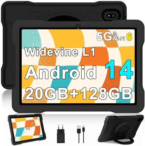 Tablet 10 Pollici Android con 5G + 2.4G WiFi 6, 20GB RAM + 128GB ROM(TF/2TB), Giochi Educativi Software (iWAWA), Octa-Core, 1080 * 800 FHD IPS, 5MP+5MP, Bluetooth 5, 2025 Newest Tablet con EVA, Black