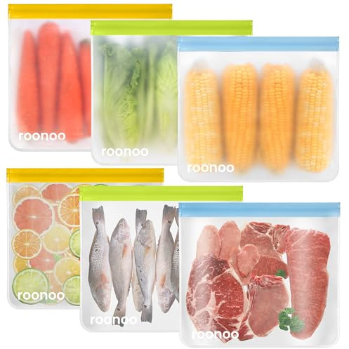 roonoo 6 Pack Dishwasher Safe Reusable Gallon Freezer Bags | Food Storage Bags, Extra Thick Leakproof Silicone & Plastic Free Ziplock Bags for Meal Prep, Fruits, Sandwich, Travel Items