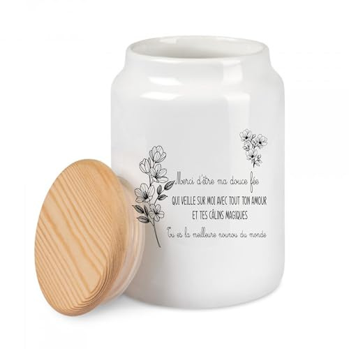Pot à cookies nounou 500 ml – Merci d’être ma douce fée – Pot céramique avec couvercle bois – Cadeau fin d’année nounou original et décoratif