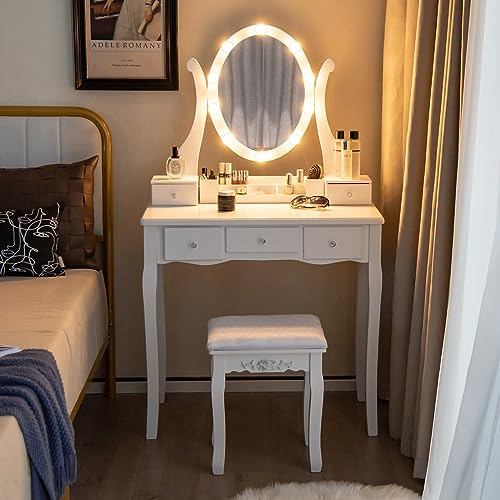 COSTWAY Toeletta Trucco con Luci LED Regolabile, 3 Modalità di Colore, Set Tavolo da Trucco con Specchio ad Angolo Regolabile, 5 Cassetti, Consolle Toeletta con Sgabello, 80 x 40 x 137 cm, Bianco