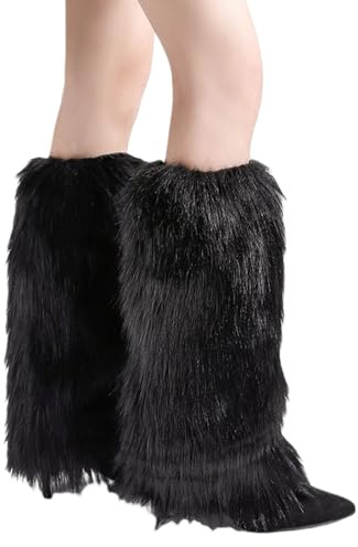 AYNKH Beinstulpen aus Kunstfell für Damen, 40 cm, modische Stiefelmanschettenaufsätze, pelzige Überzüge, Zubehör, Schwarz , 40CM
