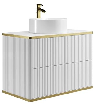 Vente-unique-Mobile per bagno sospeso con scanalature con profilo dorato e lavabo da appoggio tondo Bianco 80 cm - KELIZA
