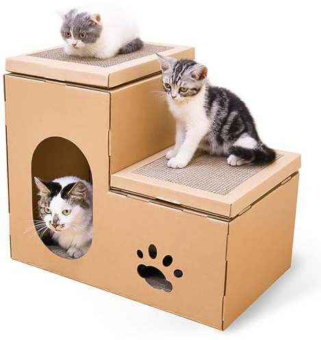HIOVEL Cardboard Cat House, 2-Story Staircase Cat Box with Scratchering Board, Hideaway for Indoor Cats Rabbits Puppys Small Animals