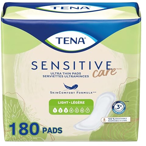 Tena Incontinence Pads, Bladder Control & Postpartum for Women, Ultra Light Thin Absorbency, Regular Length, Sensitive Care - 180 Count | Made for sensitive skin, these ultra thin bladder control pads help your skin stay irritation free for comfort and security