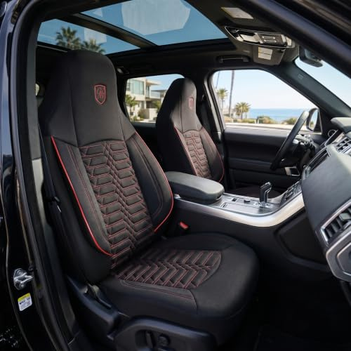 GIOVANNI BUTTI Coprisedili universali per auto e SUV – Coprisedili anteriori premium in tessuto Lacoste, Nero-Rosso, compatibili con airbag, cuscini, pulizia auto, set per sedili anteriori con kit di