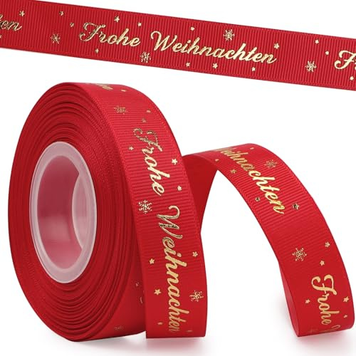 BETESSIN 18m Geschenkband Weihnachten - Frohe Weihnachten Schleifenband Breit 20mm - Merry Christmas Ripsband Rot - Dekoband für Weihnachtsdeko, Geschenkverpackung & Weihnachtsbänder